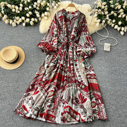 LY0052  New 2025 European Bohemian O-neck Print  MIDI-Length Long Sleeve Dress Women Dresses Clothing Wholesale