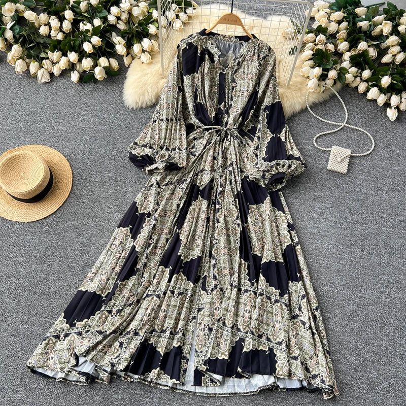 LY0052  New 2025 European Bohemian O-neck Print  MIDI-Length Long Sleeve Dress Women Dresses Clothing Wholesale