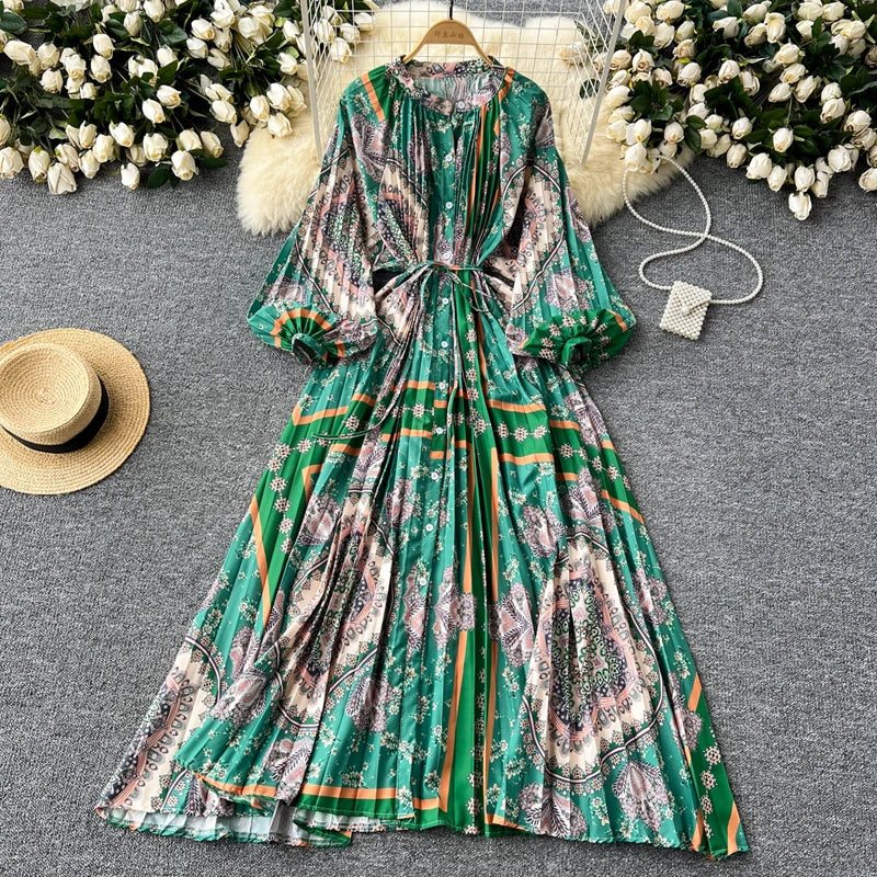 LY0052  New 2025 European Bohemian O-neck Print  MIDI-Length Long Sleeve Dress Women Dresses Clothing Wholesale