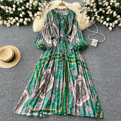 LY0052  New 2025 European Bohemian O-neck Print  MIDI-Length Long Sleeve Dress Women Dresses Clothing Wholesale