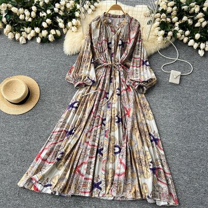 LY0052  New 2025 European Bohemian O-neck Print  MIDI-Length Long Sleeve Dress Women Dresses Clothing Wholesale