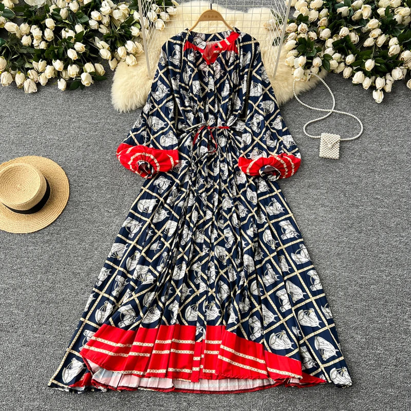 LY0052  New 2025 European Bohemian O-neck Print  MIDI-Length Long Sleeve Dress Women Dresses Clothing Wholesale