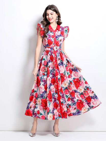 Summer Runway Gorgeous Bohemian Maxi Dress Women Clothing Flying Sleeve Single Breasted Floral Print Long Robe Party Vestidos