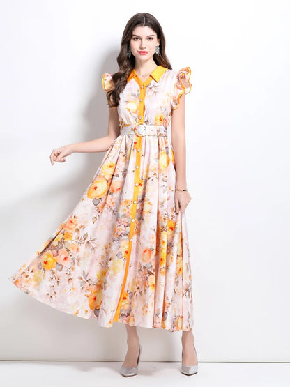 Summer Runway Gorgeous Bohemian Maxi Dress Women Clothing Flying Sleeve Single Breasted Floral Print Long Robe Party Vestidos