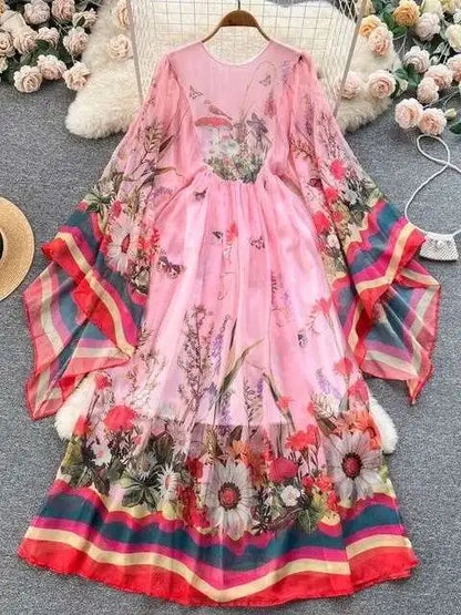 Women Maxi Chiffon Dress Summer Bohemian Rabbits Flower Porcelain Print Clothing Floor Length Flare Sleeve Long Vestidos