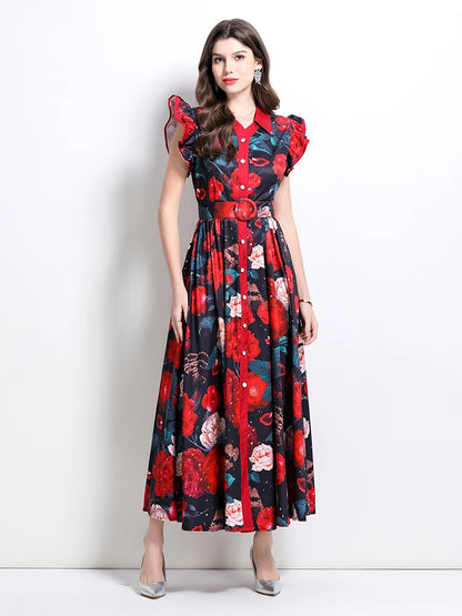 Summer Runway Gorgeous Bohemian Maxi Dress Women Clothing Flying Sleeve Single Breasted Floral Print Long Robe Party Vestidos
