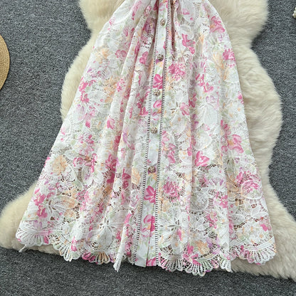 Vintage Hook flower hollow print button  High Waist Dress Chic Summer Beach Vestidos Women Long dress  women clothing