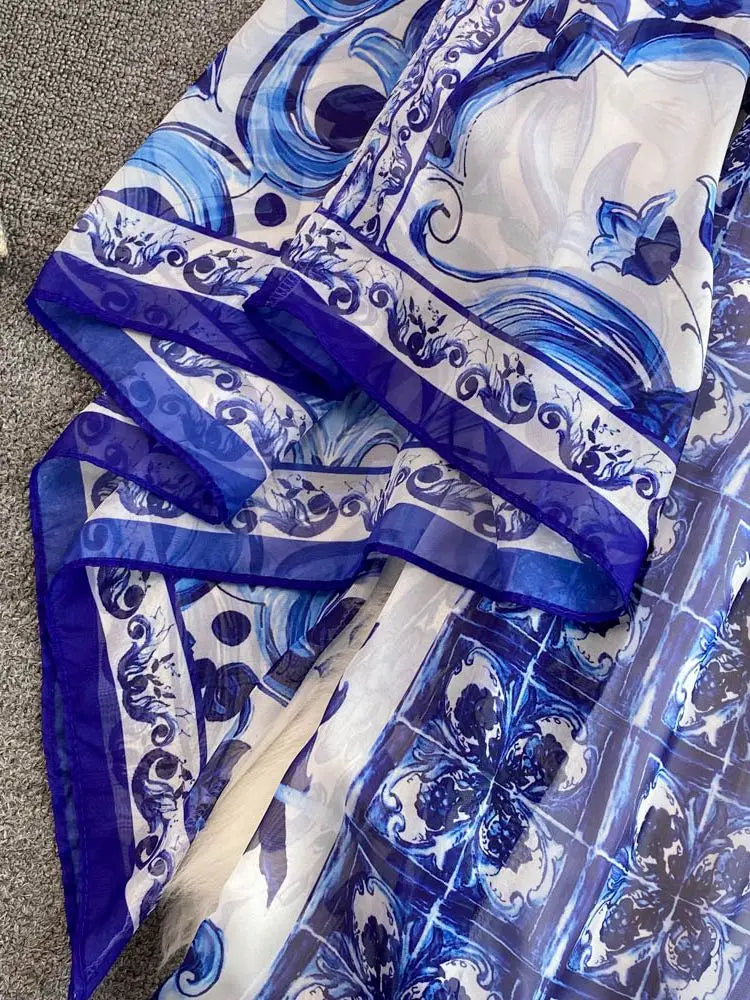 New Summer Bohemian Blue And White Porcelain Print Chiffon Dress Women Clothing O Neck Flare Sleeve Large Swing Maxi Vestidos