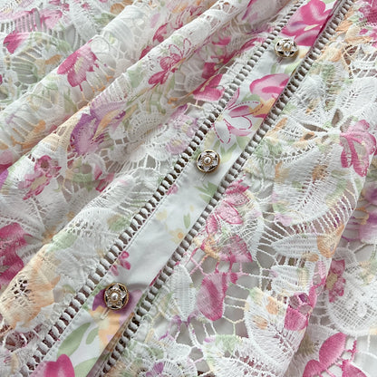 Vintage Hook flower hollow print button  High Waist Dress Chic Summer Beach Vestidos Women Long dress  women clothing