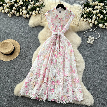 Vintage Hook flower hollow print button  High Waist Dress Chic Summer Beach Vestidos Women Long dress  women clothing