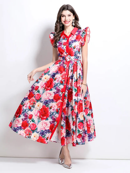 Summer Runway Gorgeous Bohemian Maxi Dress Women Clothing Flying Sleeve Single Breasted Floral Print Long Robe Party Vestidos