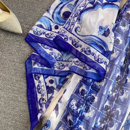 Women Maxi Chiffon Dress Summer Bohemian Rabbits Flower Porcelain Print Clothing Floor Length Flare Sleeve Long Vestidos