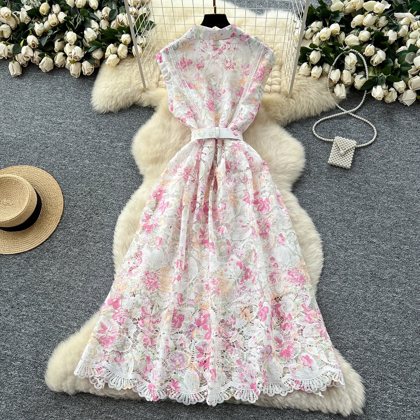 Vintage Hook flower hollow print button  High Waist Dress Chic Summer Beach Vestidos Women Long dress  women clothing