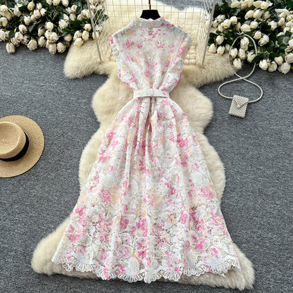 Vintage Hook flower hollow print button  High Waist Dress Chic Summer Beach Vestidos Women Long dress  women clothing