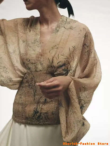 Women's clothing 2025 autumn new products European and American style retro women's clothing French lazy style printed shirt