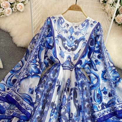 New Summer Bohemian Blue And White Porcelain Print Chiffon Dress Women Clothing O Neck Flare Sleeve Large Swing Maxi Vestidos