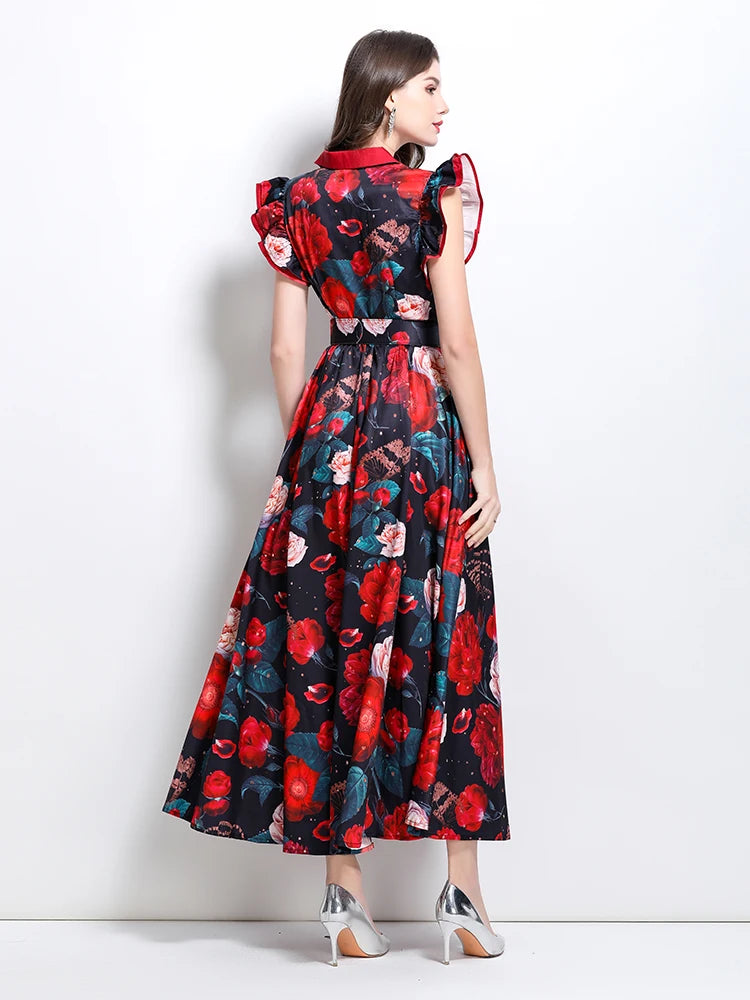 Summer Runway Gorgeous Bohemian Maxi Dress Women Clothing Flying Sleeve Single Breasted Floral Print Long Robe Party Vestidos