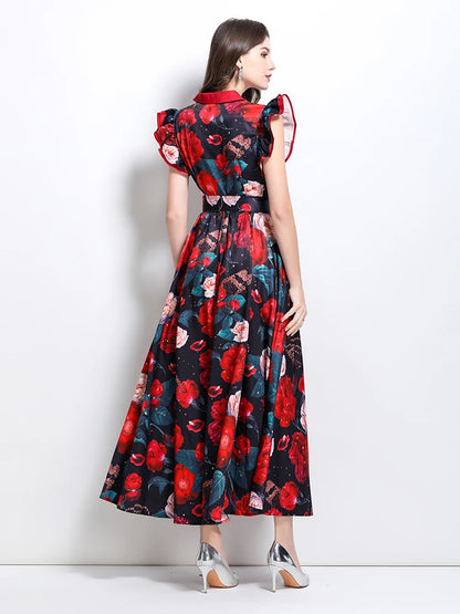 Summer Runway Gorgeous Bohemian Maxi Dress Women Clothing Flying Sleeve Single Breasted Floral Print Long Robe Party Vestidos