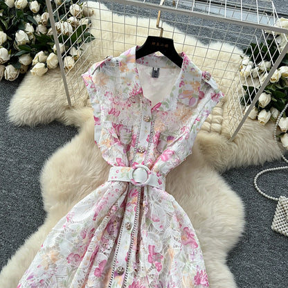 Vintage Hook flower hollow print button  High Waist Dress Chic Summer Beach Vestidos Women Long dress  women clothing