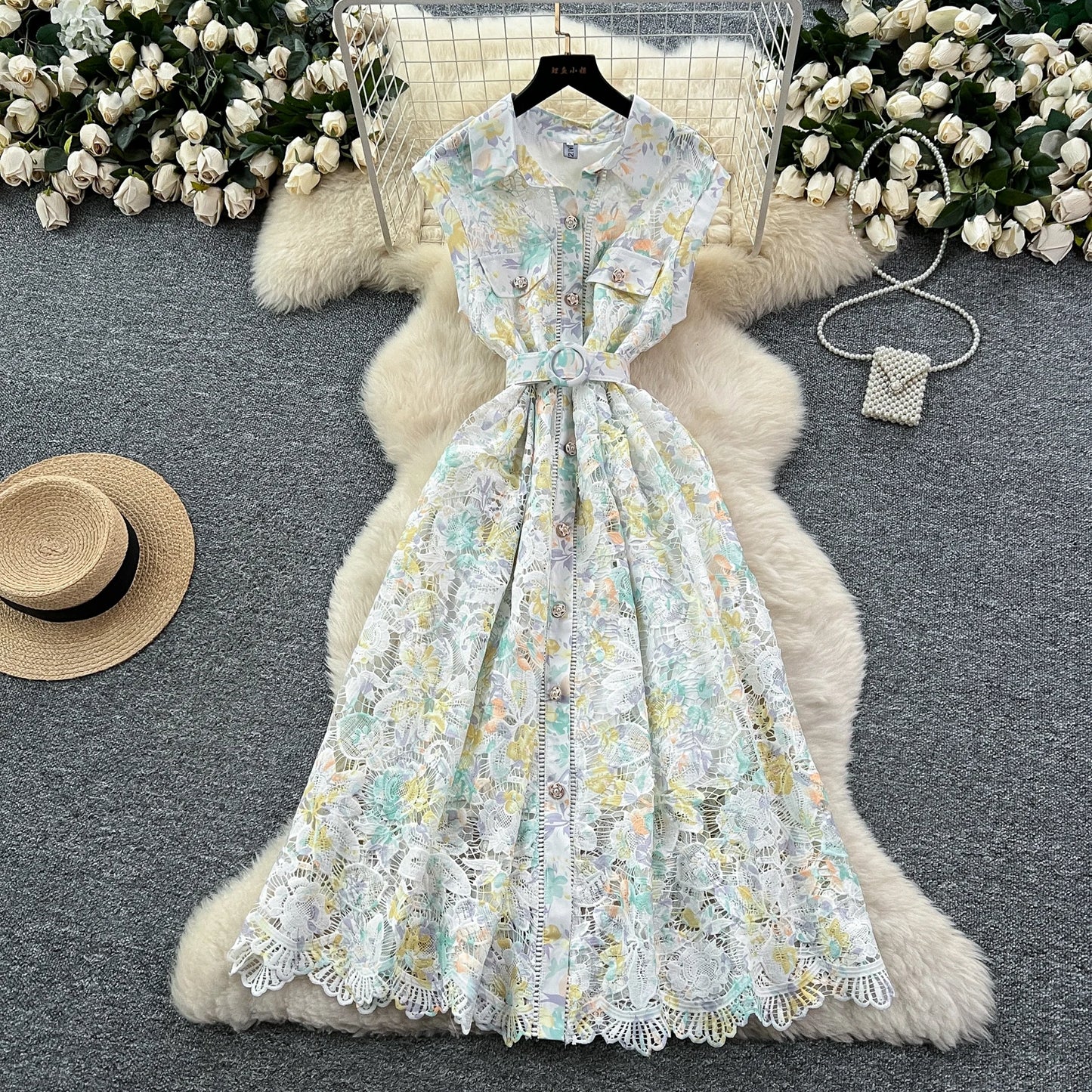 Vintage Hook flower hollow print button  High Waist Dress Chic Summer Beach Vestidos Women Long dress  women clothing