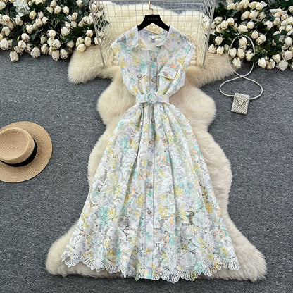 Vintage Hook flower hollow print button  High Waist Dress Chic Summer Beach Vestidos Women Long dress  women clothing