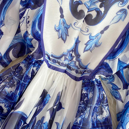 New Summer Bohemian Blue And White Porcelain Print Chiffon Dress Women Clothing O Neck Flare Sleeve Large Swing Maxi Vestidos