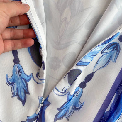 New Summer Bohemian Blue And White Porcelain Print Chiffon Dress Women Clothing O Neck Flare Sleeve Large Swing Maxi Vestidos