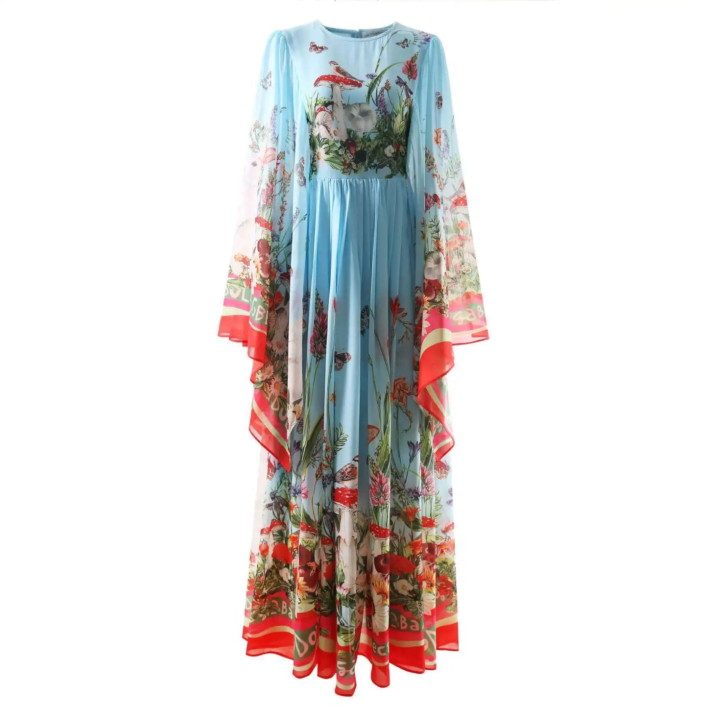 Women Maxi Chiffon Dress Summer Bohemian Rabbits Flower Porcelain Print Clothing Floor Length Flare Sleeve Long Vestidos