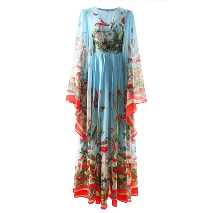 Women Maxi Chiffon Dress Summer Bohemian Rabbits Flower Porcelain Print Clothing Floor Length Flare Sleeve Long Vestidos