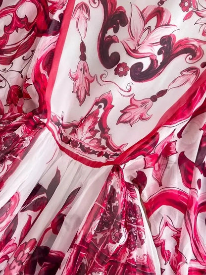New Summer Bohemian Blue And White Porcelain Print Chiffon Dress Women Clothing O Neck Flare Sleeve Large Swing Maxi Vestidos