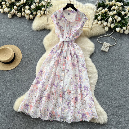 Vintage Hook flower hollow print button  High Waist Dress Chic Summer Beach Vestidos Women Long dress  women clothing