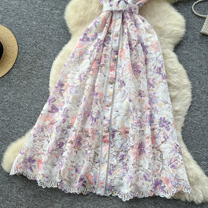 Vintage Hook flower hollow print button  High Waist Dress Chic Summer Beach Vestidos Women Long dress  women clothing