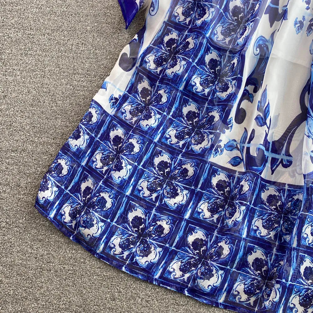 New Summer Bohemian Blue And White Porcelain Print Chiffon Dress Women Clothing O Neck Flare Sleeve Large Swing Maxi Vestidos