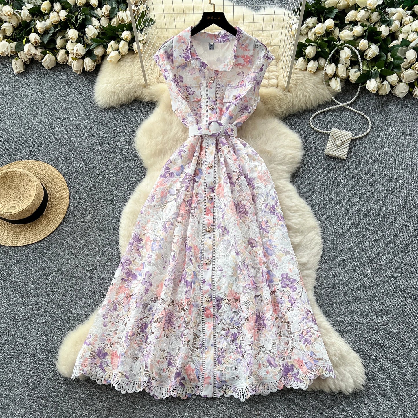 Vintage Hook flower hollow print button  High Waist Dress Chic Summer Beach Vestidos Women Long dress  women clothing
