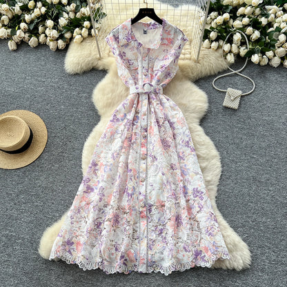 Vintage Hook flower hollow print button  High Waist Dress Chic Summer Beach Vestidos Women Long dress  women clothing