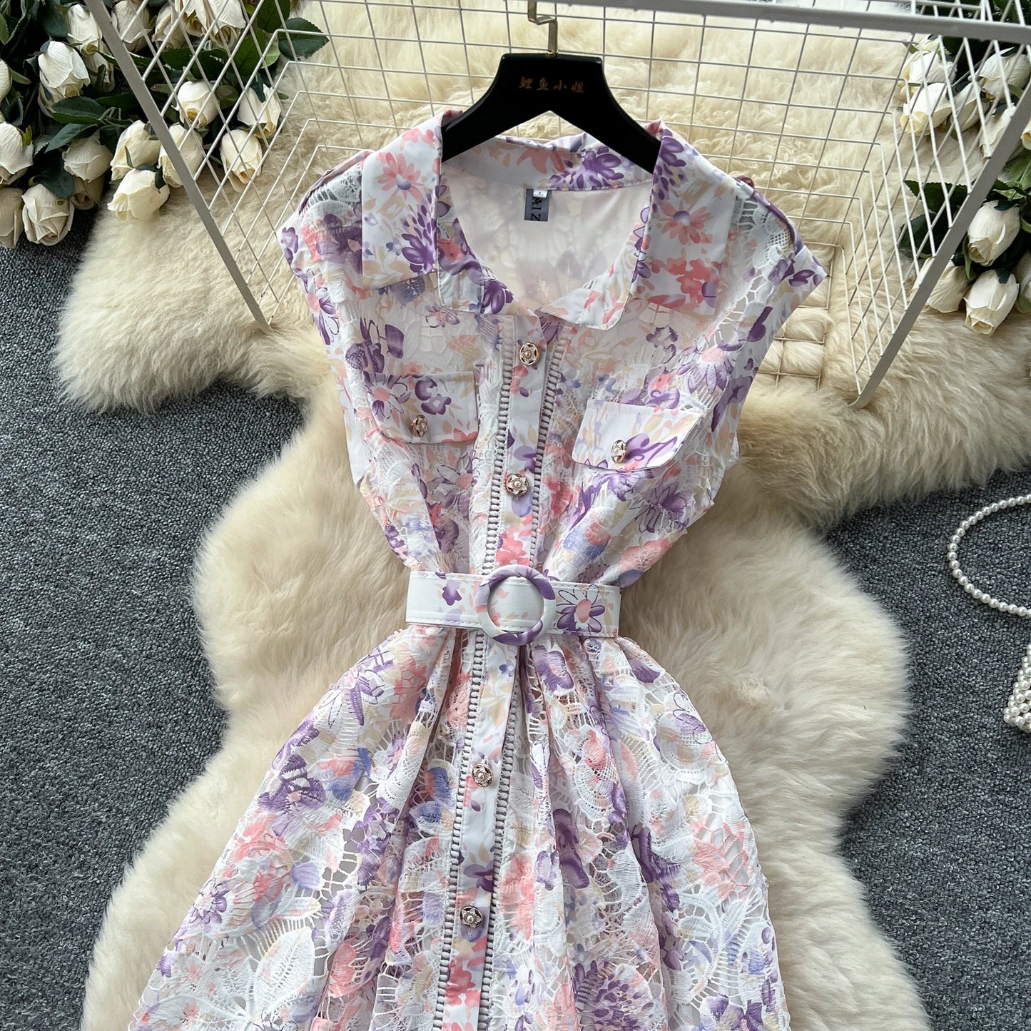 Vintage Hook flower hollow print button  High Waist Dress Chic Summer Beach Vestidos Women Long dress  women clothing