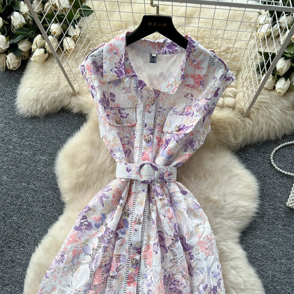 Vintage Hook flower hollow print button  High Waist Dress Chic Summer Beach Vestidos Women Long dress  women clothing