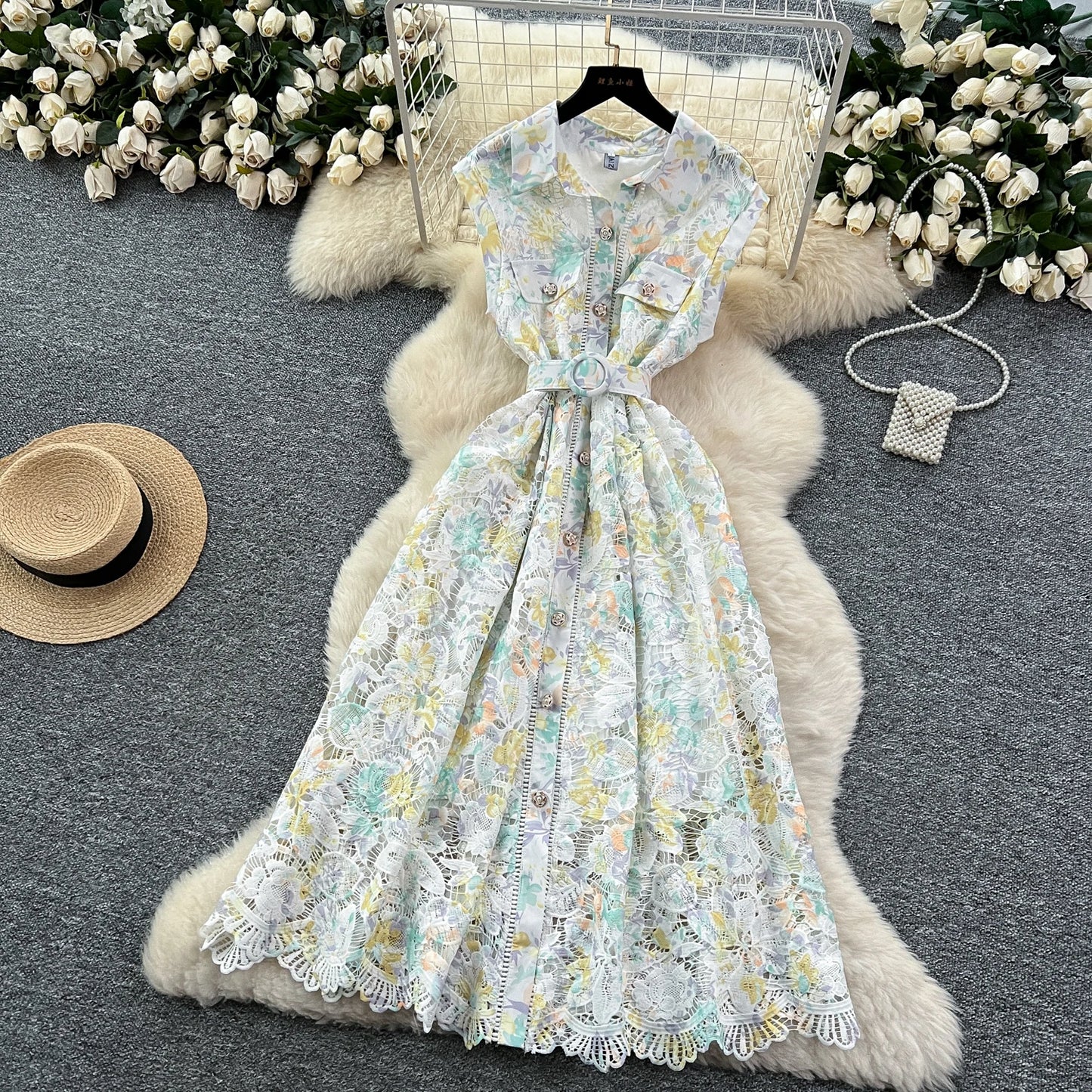 Vintage Hook flower hollow print button  High Waist Dress Chic Summer Beach Vestidos Women Long dress  women clothing