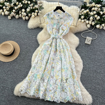 Vintage Hook flower hollow print button  High Waist Dress Chic Summer Beach Vestidos Women Long dress  women clothing