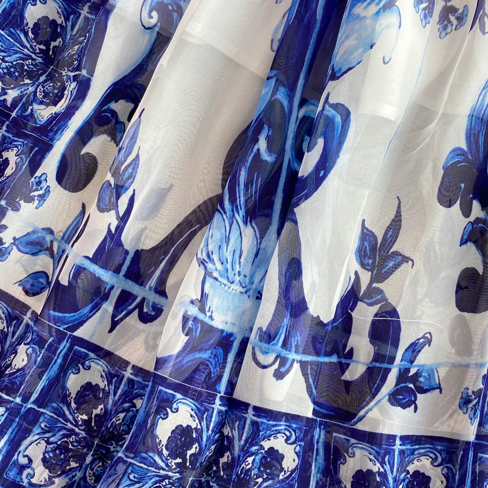 New Summer Bohemian Blue And White Porcelain Print Chiffon Dress Women Clothing O Neck Flare Sleeve Large Swing Maxi Vestidos