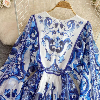 New Summer Bohemian Blue And White Porcelain Print Chiffon Dress Women Clothing O Neck Flare Sleeve Large Swing Maxi Vestidos