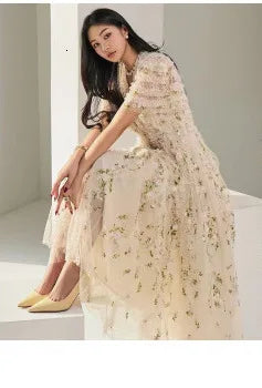 Women Maxi Chiffon Dress Summer Bohemian Rabbits Flower Porcelain Print Clothing Floor Length Flare Sleeve Long Vestidos