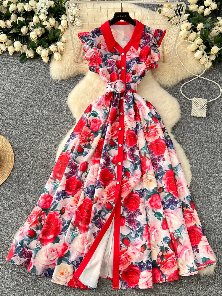 Summer Runway Gorgeous Bohemian Maxi Dress Women Clothing Flying Sleeve Single Breasted Floral Print Long Robe Party Vestidos