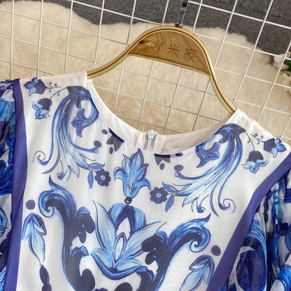 New Summer Bohemian Blue And White Porcelain Print Chiffon Dress Women Clothing O Neck Flare Sleeve Large Swing Maxi Vestidos