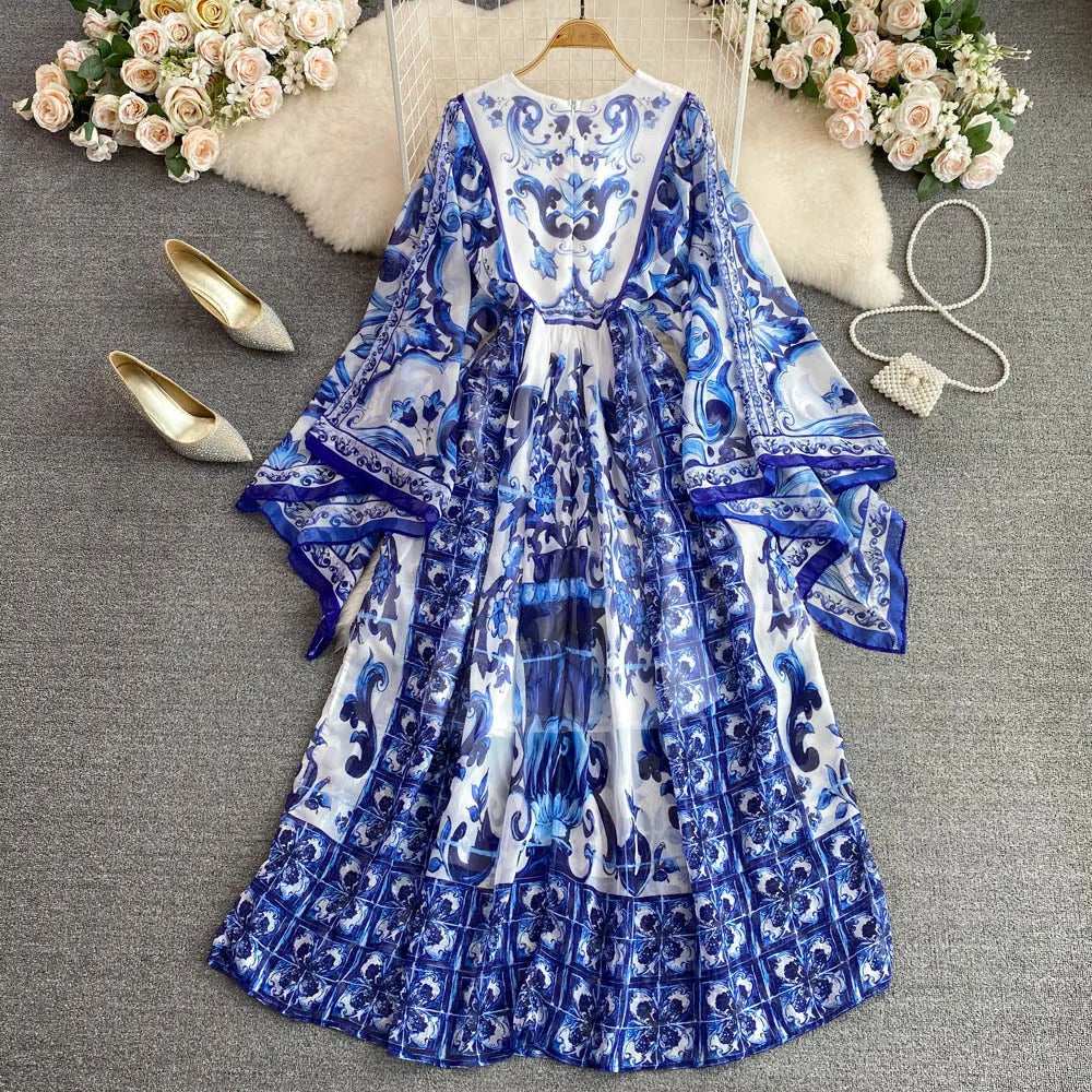 New Summer Bohemian Blue And White Porcelain Print Chiffon Dress Women Clothing O Neck Flare Sleeve Large Swing Maxi Vestidos