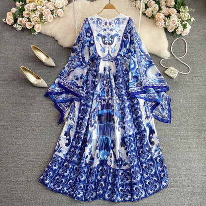 New Summer Bohemian Blue And White Porcelain Print Chiffon Dress Women Clothing O Neck Flare Sleeve Large Swing Maxi Vestidos