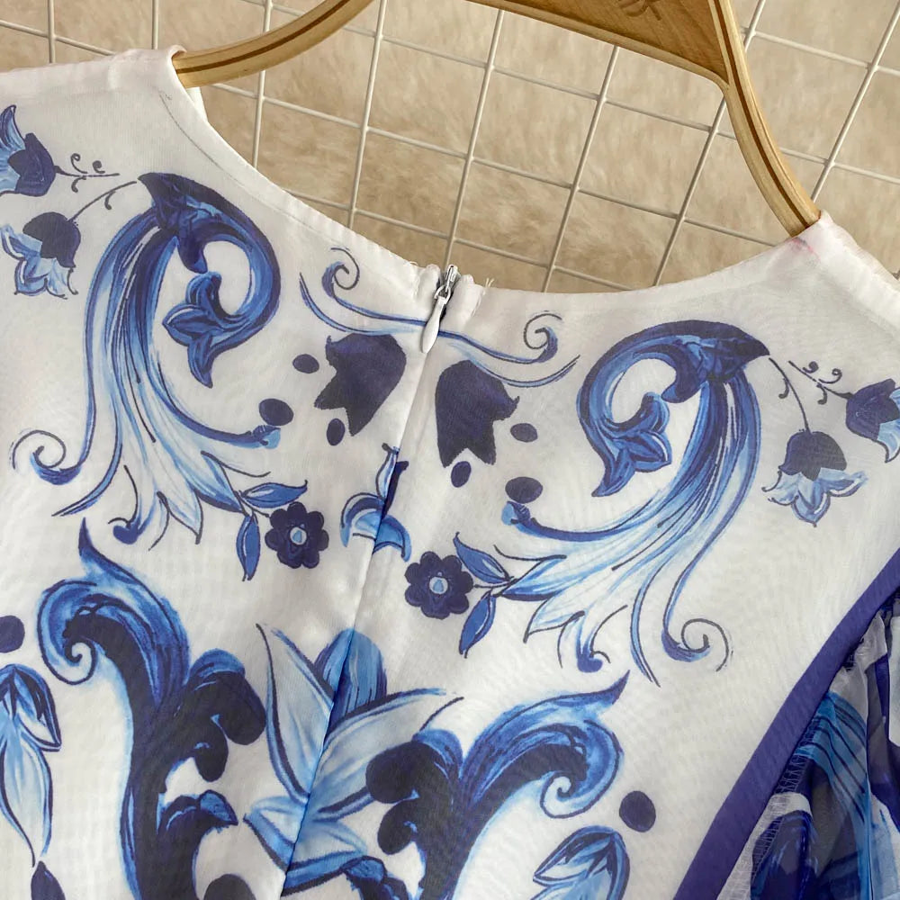 New Summer Bohemian Blue And White Porcelain Print Chiffon Dress Women Clothing O Neck Flare Sleeve Large Swing Maxi Vestidos