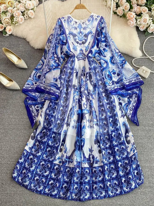 New Summer Bohemian Blue And White Porcelain Print Chiffon Dress Women Clothing O Neck Flare Sleeve Large Swing Maxi Vestidos