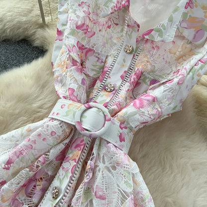 Vintage Hook flower hollow print button  High Waist Dress Chic Summer Beach Vestidos Women Long dress  women clothing