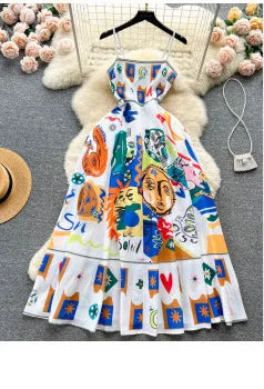 Women Maxi Chiffon Dress Summer Bohemian Rabbits Flower Porcelain Print Clothing Floor Length Flare Sleeve Long Vestidos